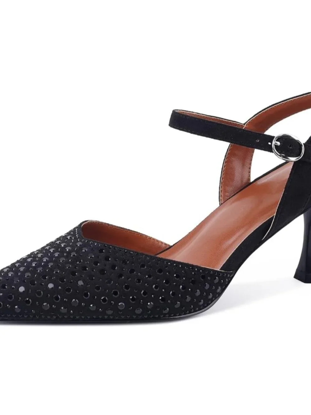 Women's Black_rhinestone Slingback Kitten Pointed Closed Pumps Low Heels Shoes